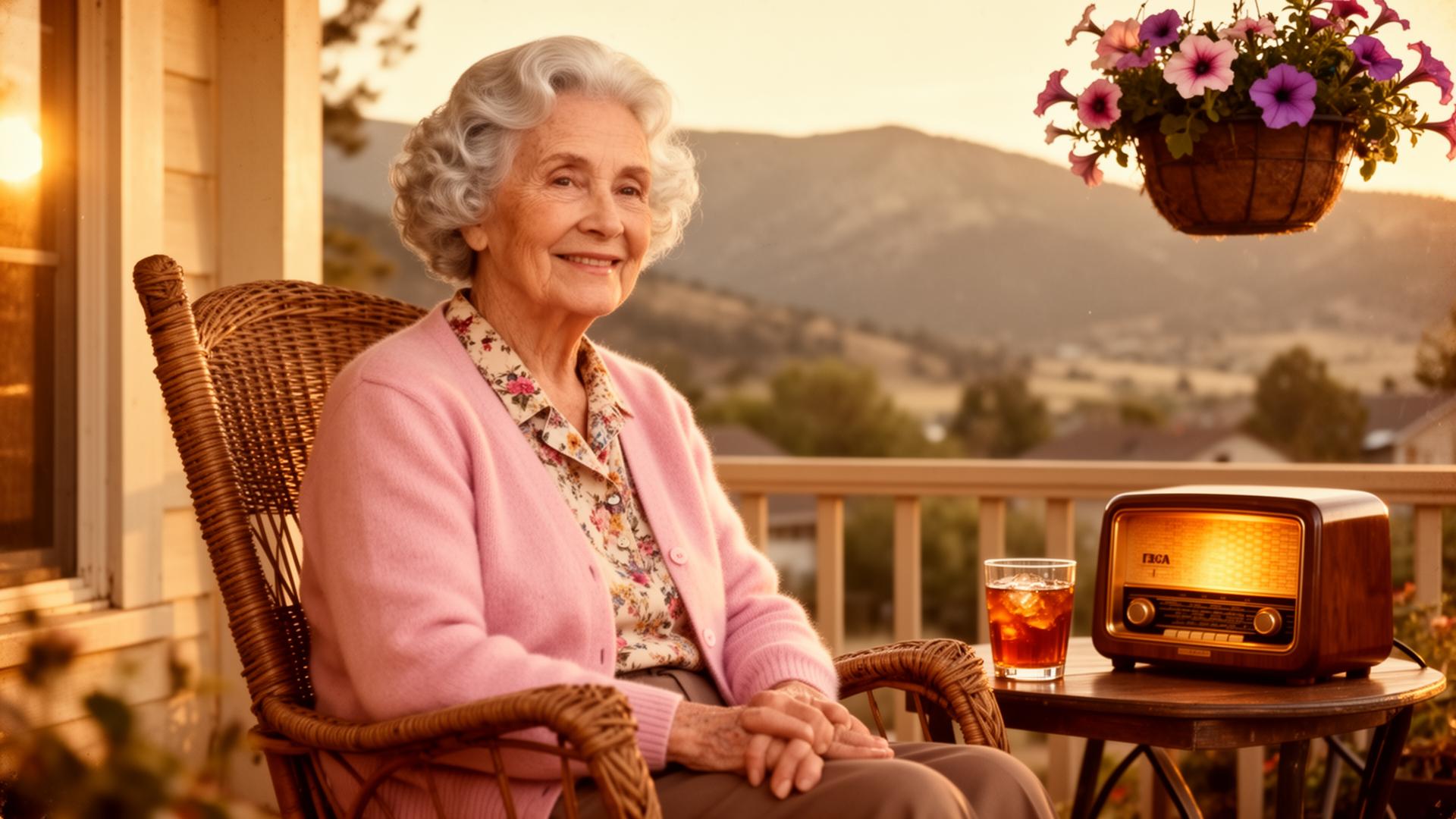 Annie Trautwein on her Loveland front porch at golden hour with a vintage tube radio