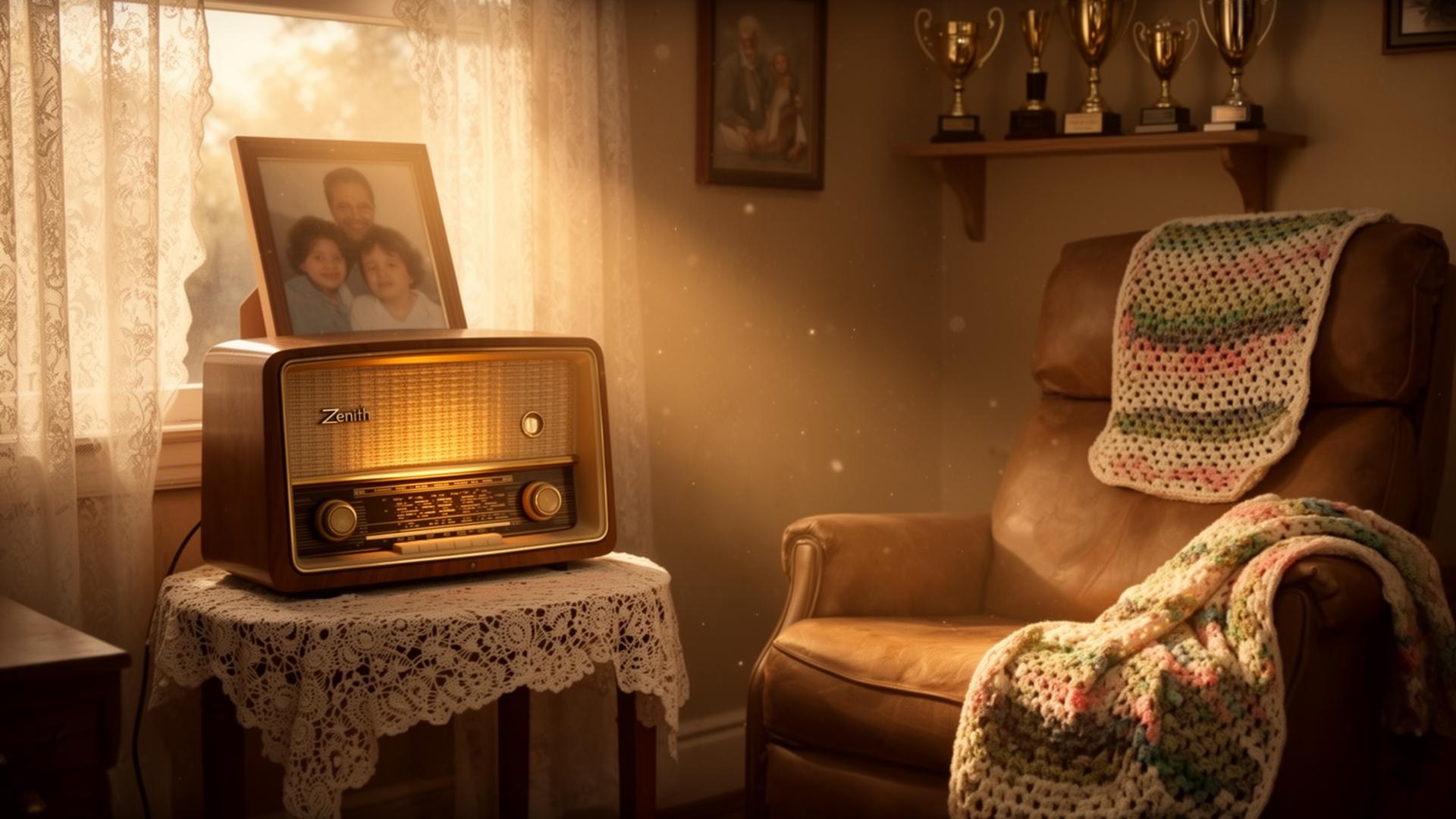 A grandmother smiling on her porch listening to her own radio station