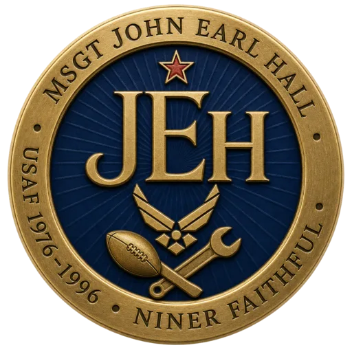 Memorial medallion: MSgt John Earl Hall · USAF 1976–1996 · Niner Faithful